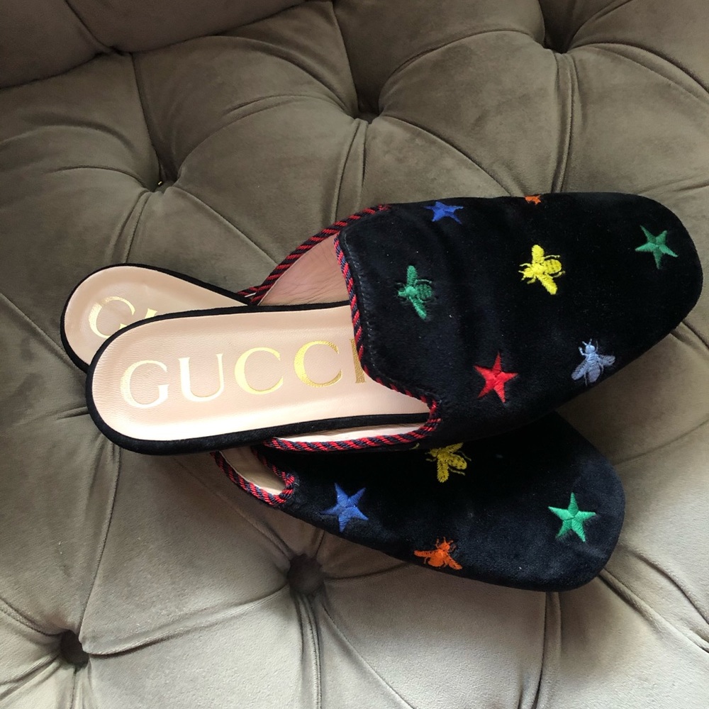 Gucci Kibi Embroidered Velvet Mules In Black